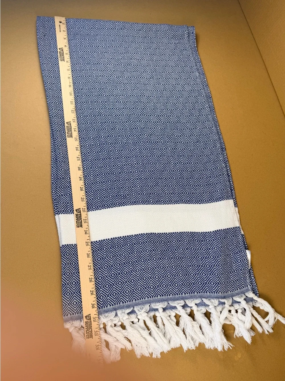 Trina Turk Woven Shawl/Towel Knotted Fringe Blue White Stripe Geometric 36x66